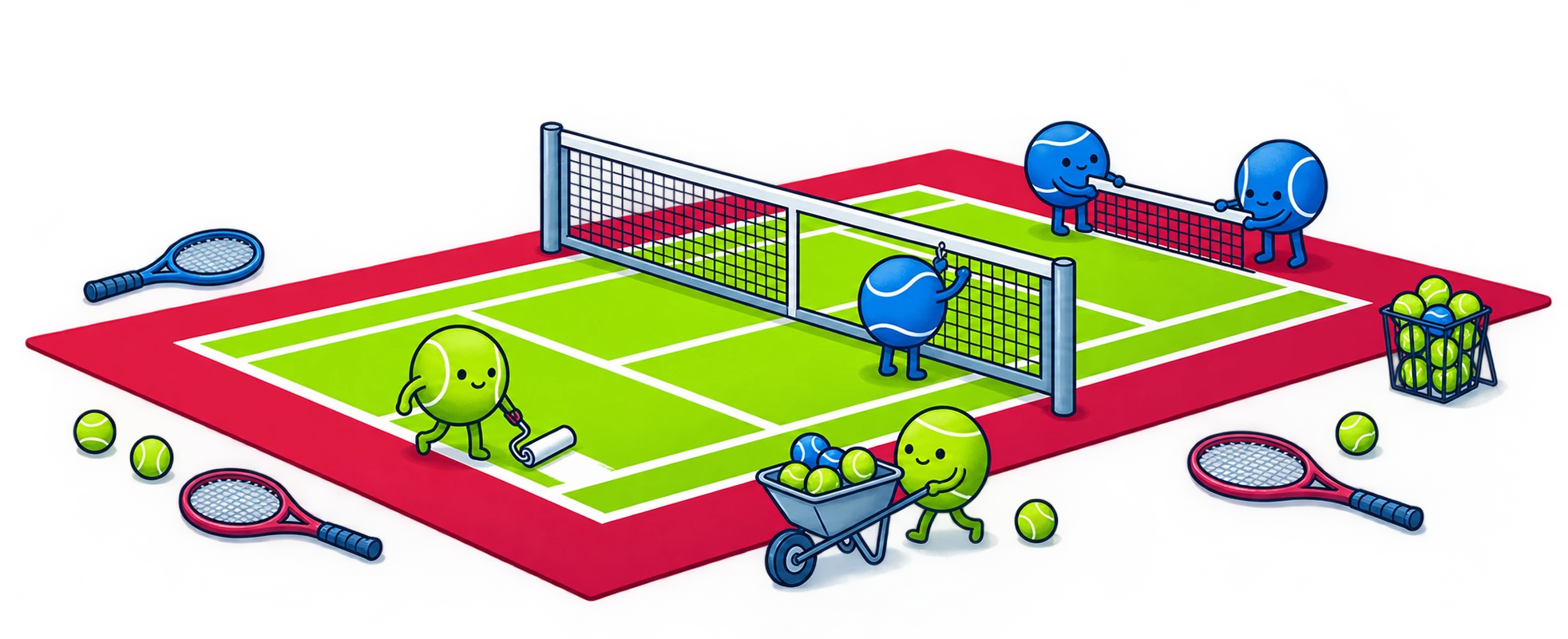 Ilustrasi lapangan tenis dengan karakter bola tenis yang sedang menyiapkan pertandingan